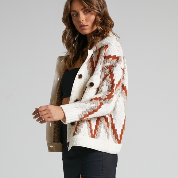 New Geo Print Knit Teddy Coat Jacket Aztec Button Up Cardigan - Picture 6 of 6